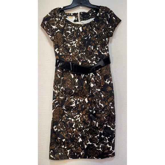 Talbots Petites Stretch Floral Print Dress Size 2 Black & Brown Belted - Picture 1 of 8